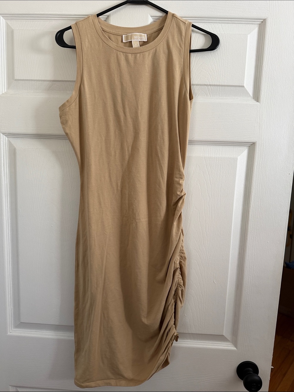 MICHAEL Michael Kors Sleeveless Ruched-Side Midi Dress in Beige